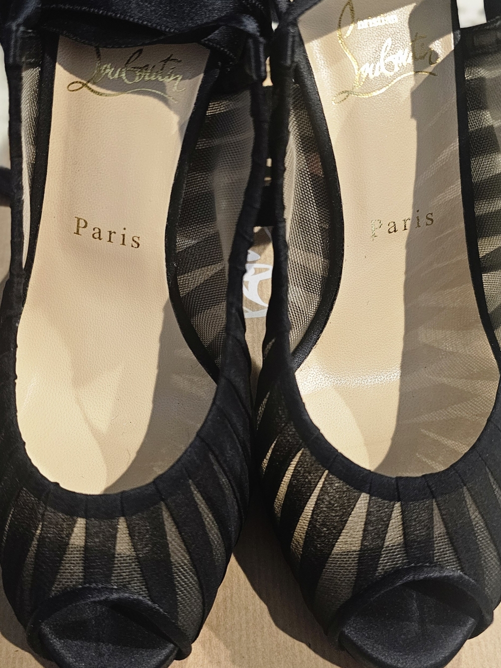 Christian Louboutin Black Sheer Striped Peep-Toe Pumps